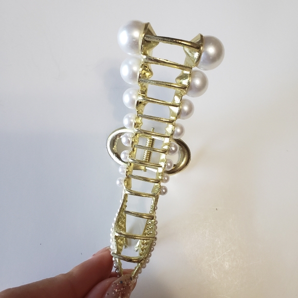 Metal Hair Claw Clip Non Slip, Pearl Hair Jaw Clip, gold tone - Picture 5 of 6
